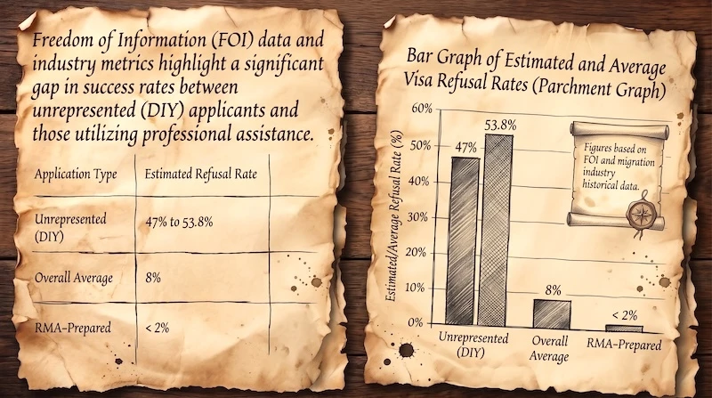 Visa refusal rates: unrepresented (DIY) applicants 47% to 53.8%, overall average 8%, RMA-prepared under 2% — based on FOI data and migration industry historical data.