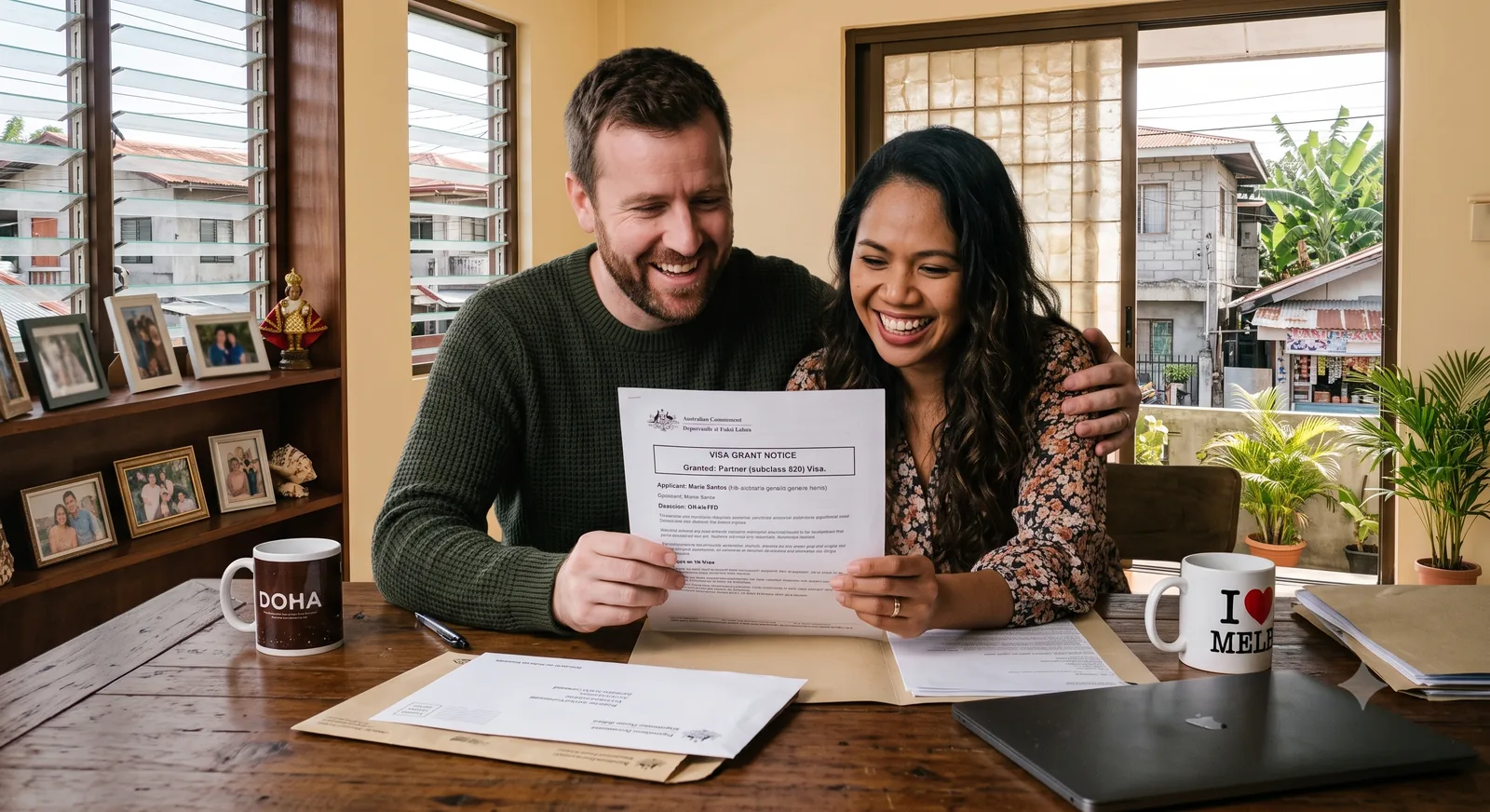 Australian sponsor and Filipina applicant celebrating an Australian partner visa grant notice
